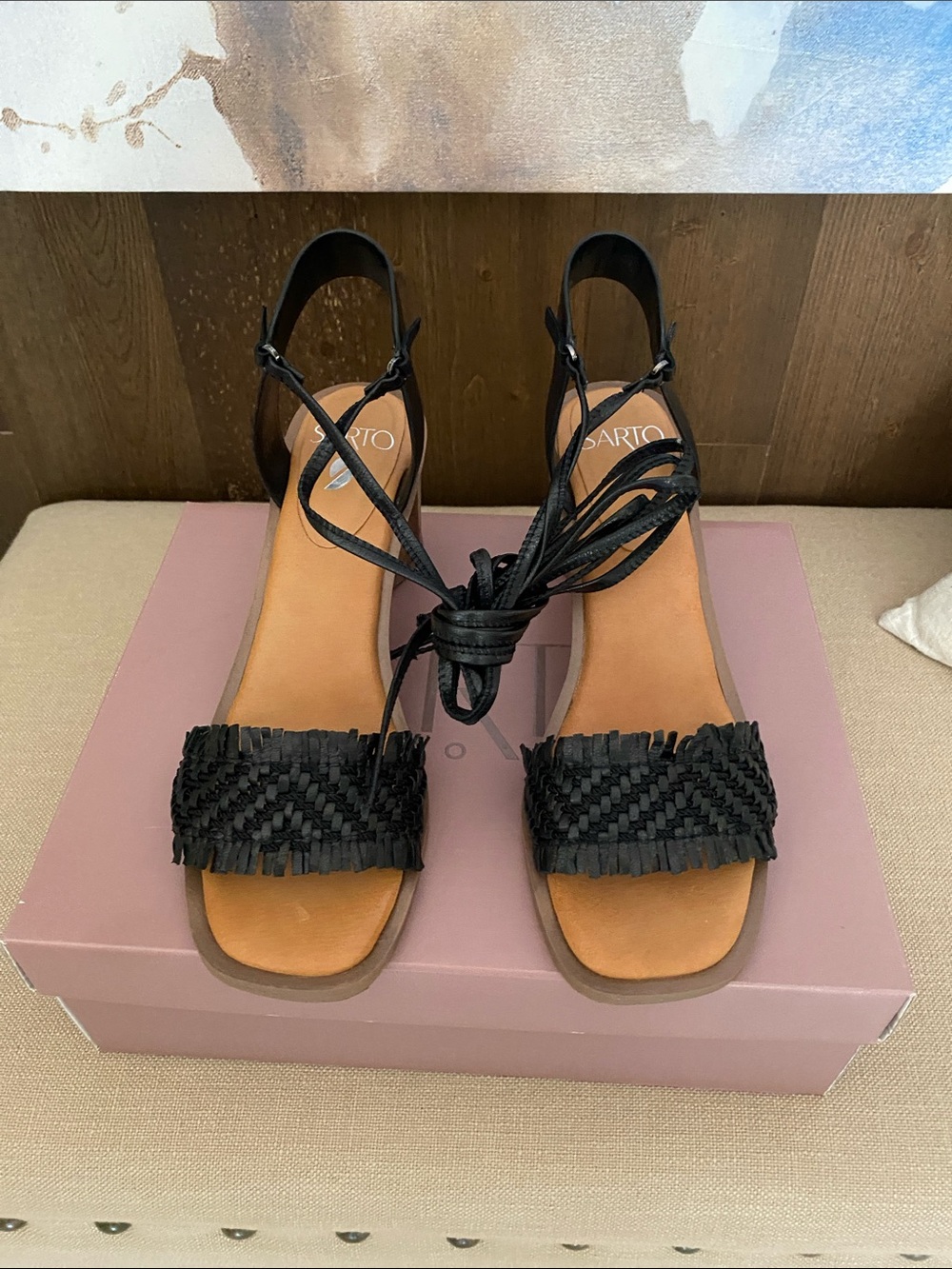 SARTO By Franco Sarto Black Woven Front Lace-Up Sandals